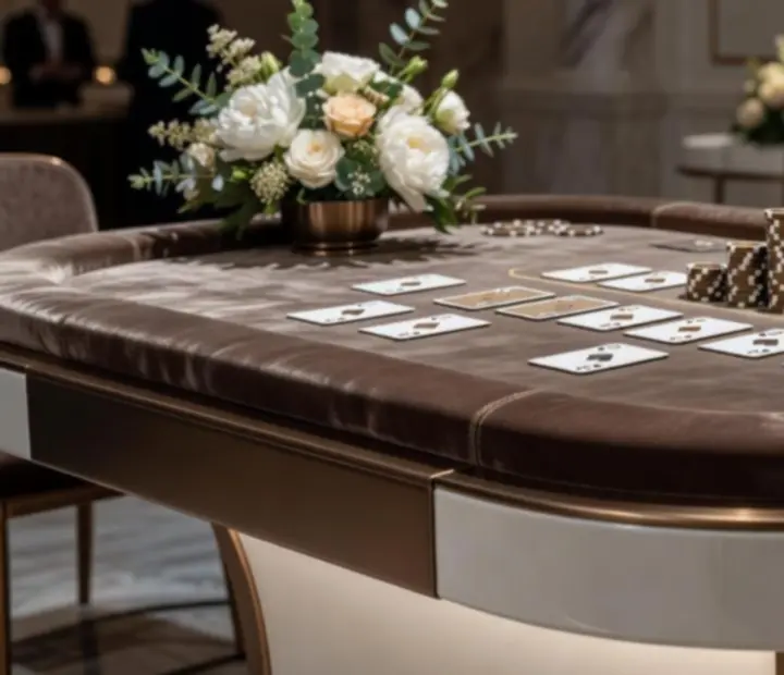 Detal designerskiego stołu kasynowego z eleganckimi żetonami i oświetleniem w odcieniach złota
