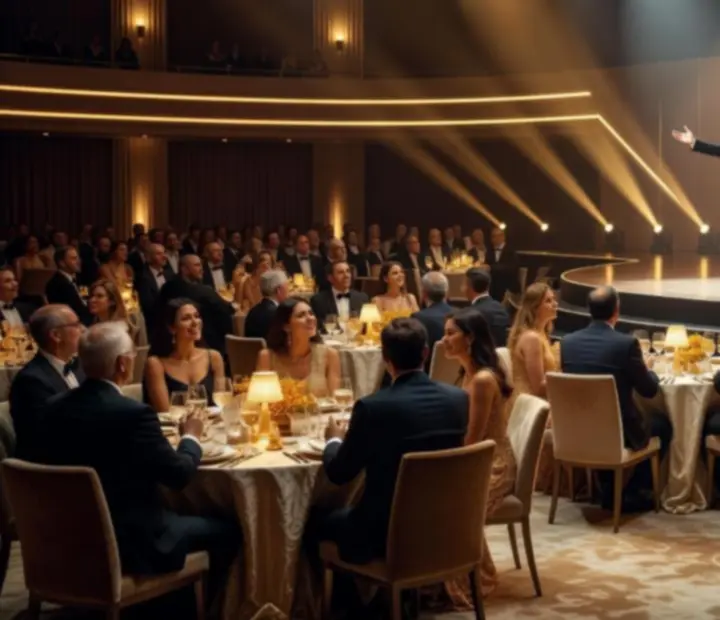 Ekskluzywne wydarzenie kasynowe z elegancką sceną i stołami do gry