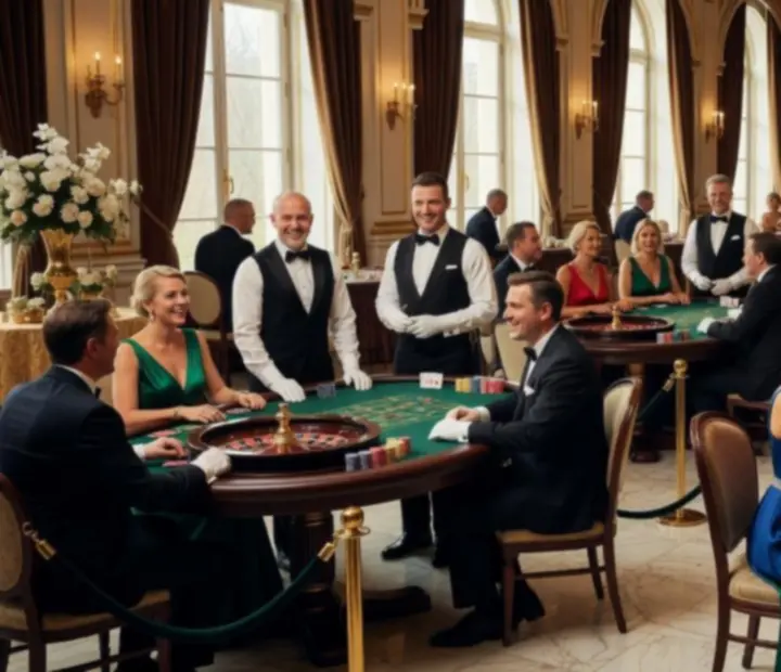 Elegancka gala firmowa w aranżacji kasyna z luksusowymi stołami do ruletki i pokera
