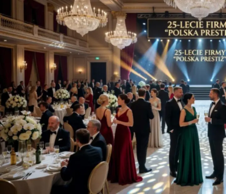 Luksusowa gala z oświetloną sceną, stołami bankietowymi i scenografią premium