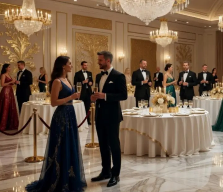 Elegancka gala w luksusowej sali bankietowej z dopracowaną aranżacją stołów i nastrojowym oświetleniem