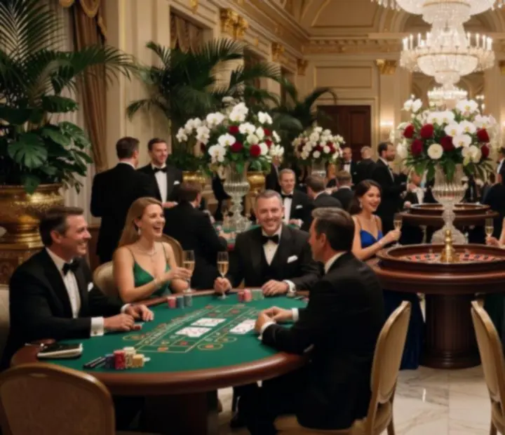 Cinematiczna sala balowa z eleganckimi stołami kasynowymi podczas luksusowego eventu Polkravesta