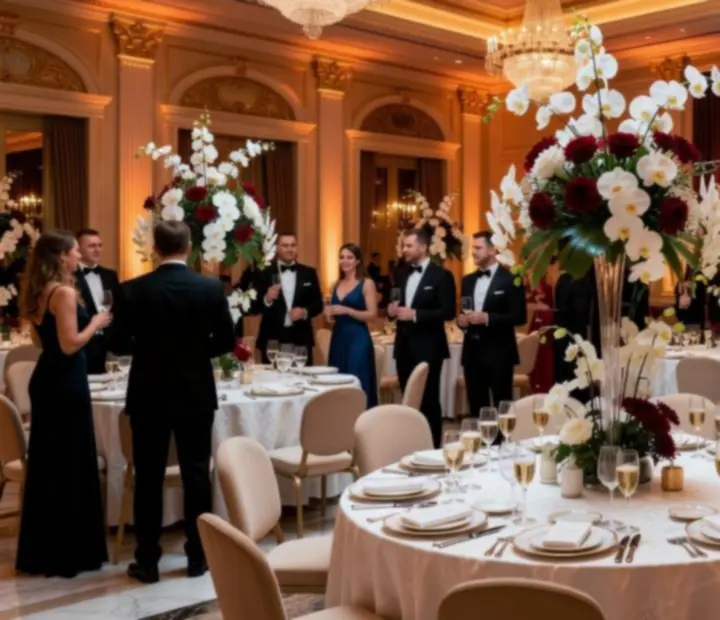 Jubileusz firmowy w eleganckiej sali z dekoracjami, sceną i kasynową strefą rozrywki
