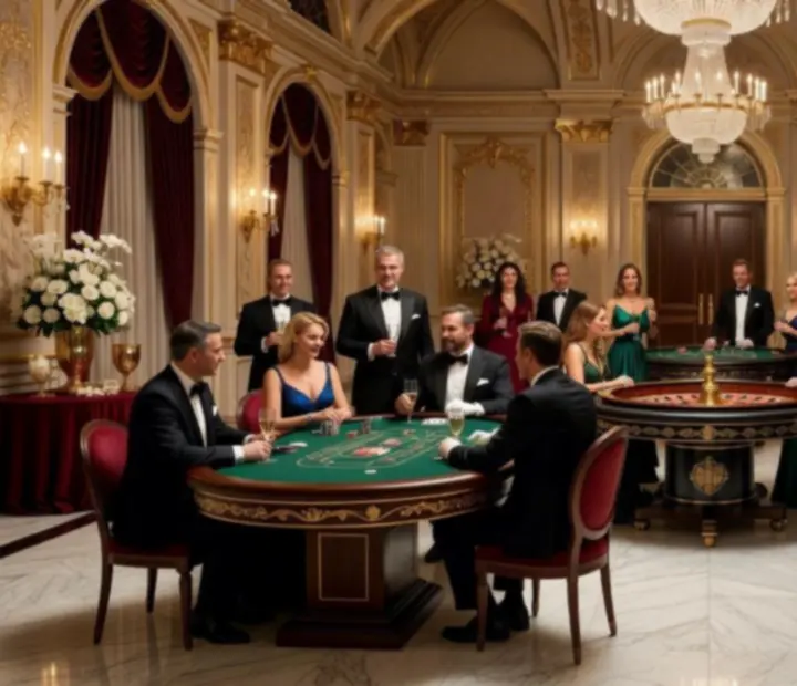 Ekskluzywne kasyno eventowe Polkravesta z eleganckimi stołami pokerowymi i ruletką podczas wieczornego wydarzenia