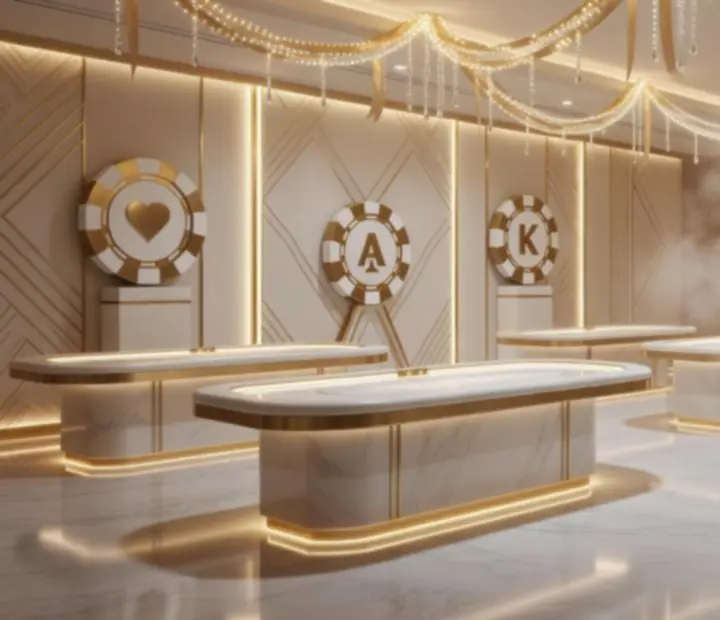 Tematyczny koncept eventu kasynowego z designerską scenografią i stołami do gry