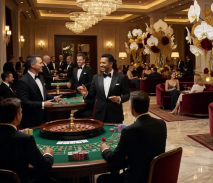 Wieczór tematyczny inspirowany Las Vegas z oświetloną sceną i stołami kasynowymi